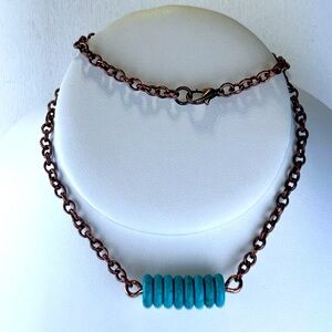 Handmade Solid Copper Turquoise Discs Line/Bar Necklace Boho Tribal Work Casual